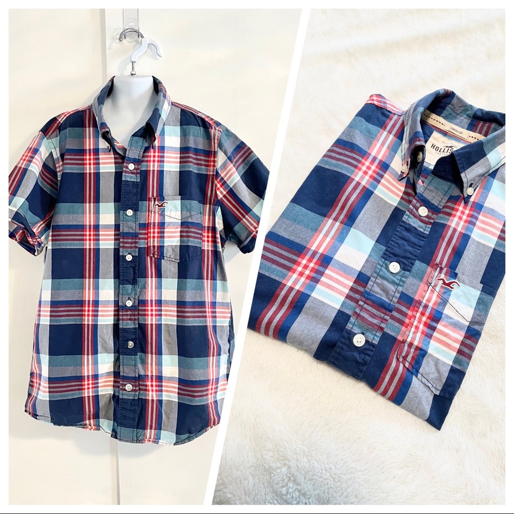 Men’s Hollister Plaid Short Sleeve Plaid Poplin Button Down Shirt